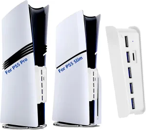 6 Ports USB Hub for PS5 Pro/Slim Console, High-Speed Expander Hub Charger Port with 4 USB-A 2.0   1 USB Charging Port   1 Type C Port, Compatible with PlayStation 5 Pro/Slim Front Jacks, White
