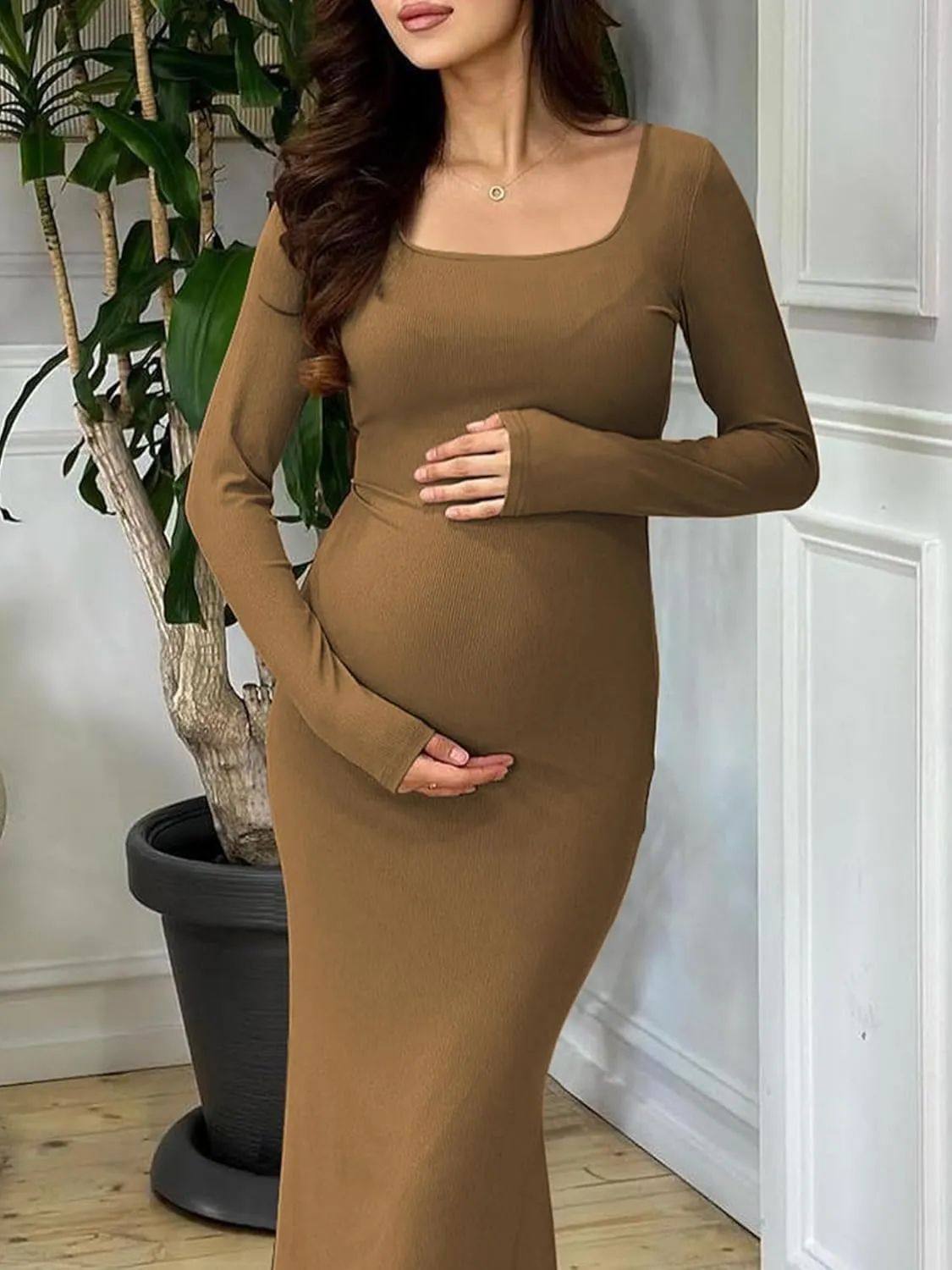 AIBIANOCEL Women's Square Neck Maxi Dress Long Sleeve Ribbed Bodycon Dress Soft Lounge Dress