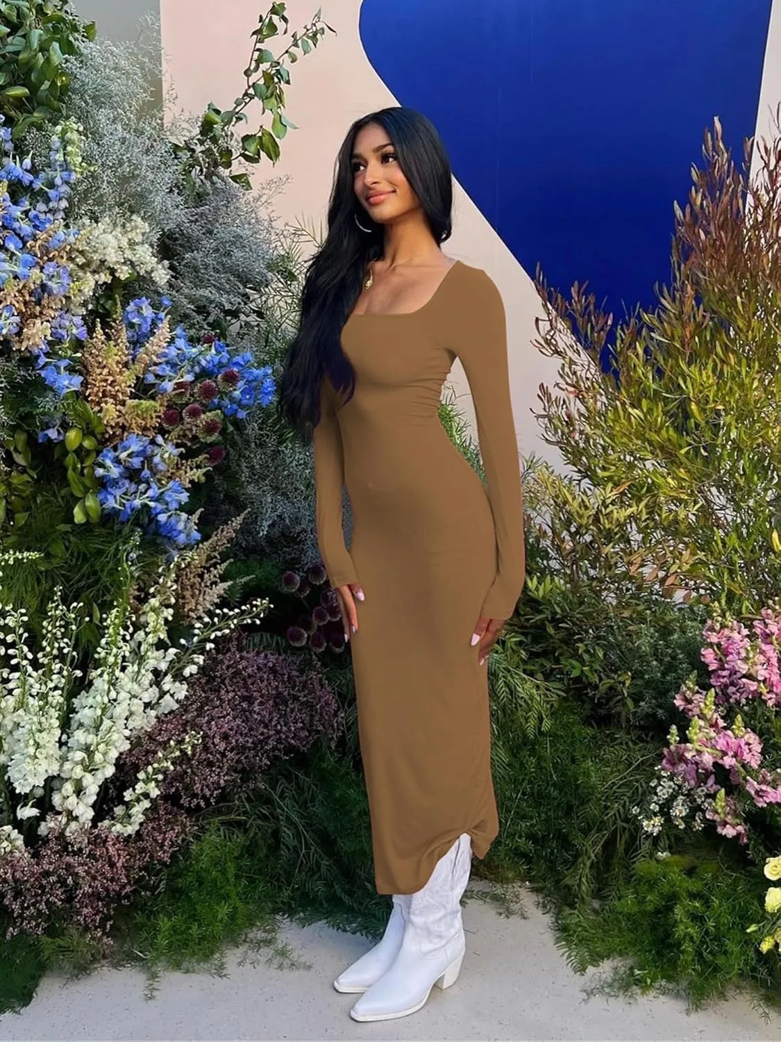 AIBIANOCEL Women's Square Neck Maxi Dress Long Sleeve Ribbed Bodycon Dress Soft Lounge Dress