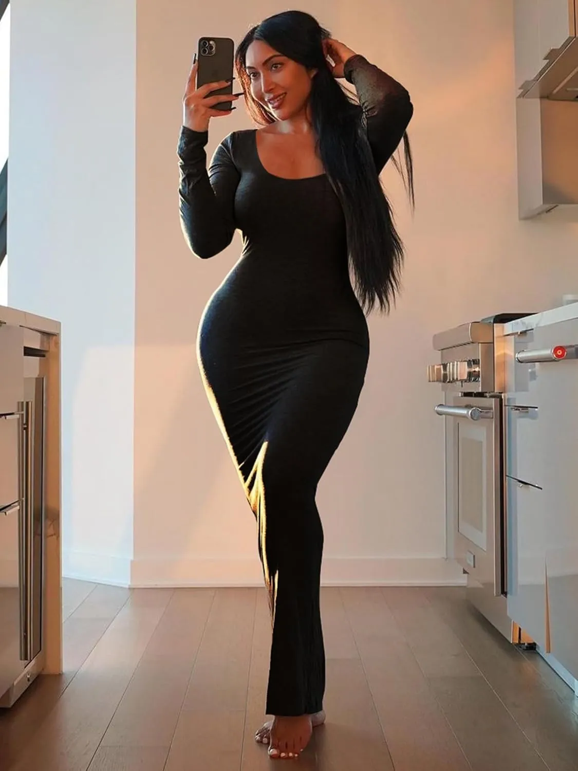 AIBIANOCEL Women's Square Neck Maxi Dress Long Sleeve Ribbed Bodycon Dress Soft Lounge Dress