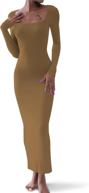 AIBIANOCEL Women's Square Neck Maxi Dress Long Sleeve Ribbed Bodycon Dress Soft Lounge Dress
