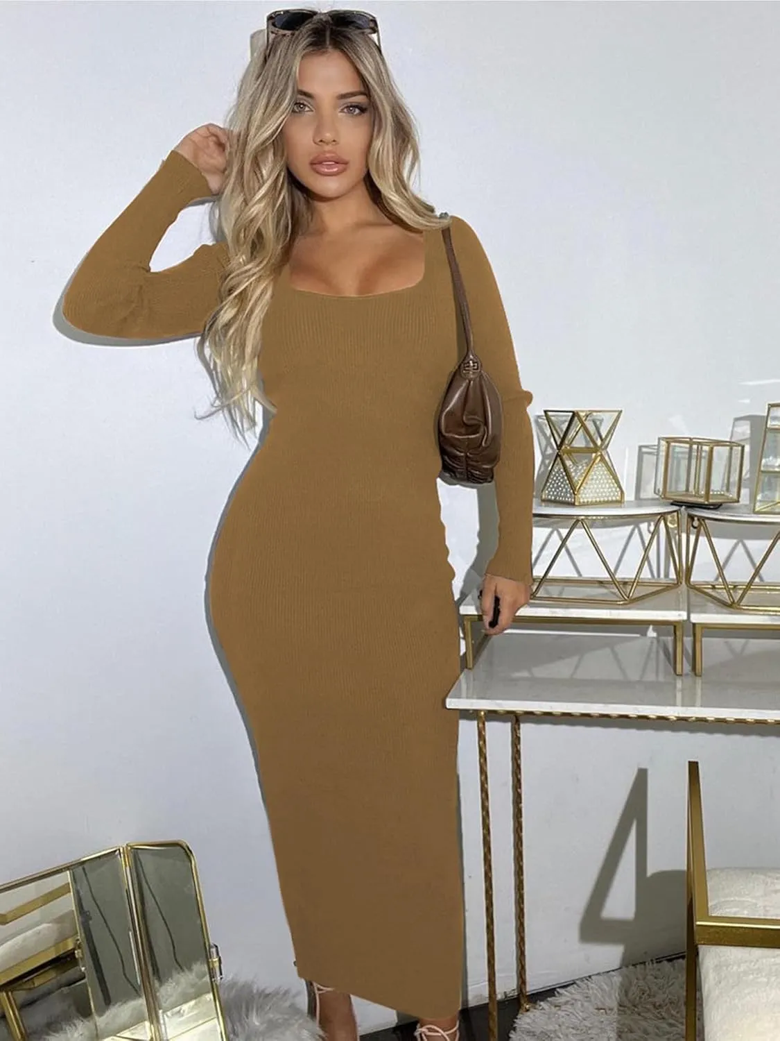 AIBIANOCEL Women's Square Neck Maxi Dress Long Sleeve Ribbed Bodycon Dress Soft Lounge Dress