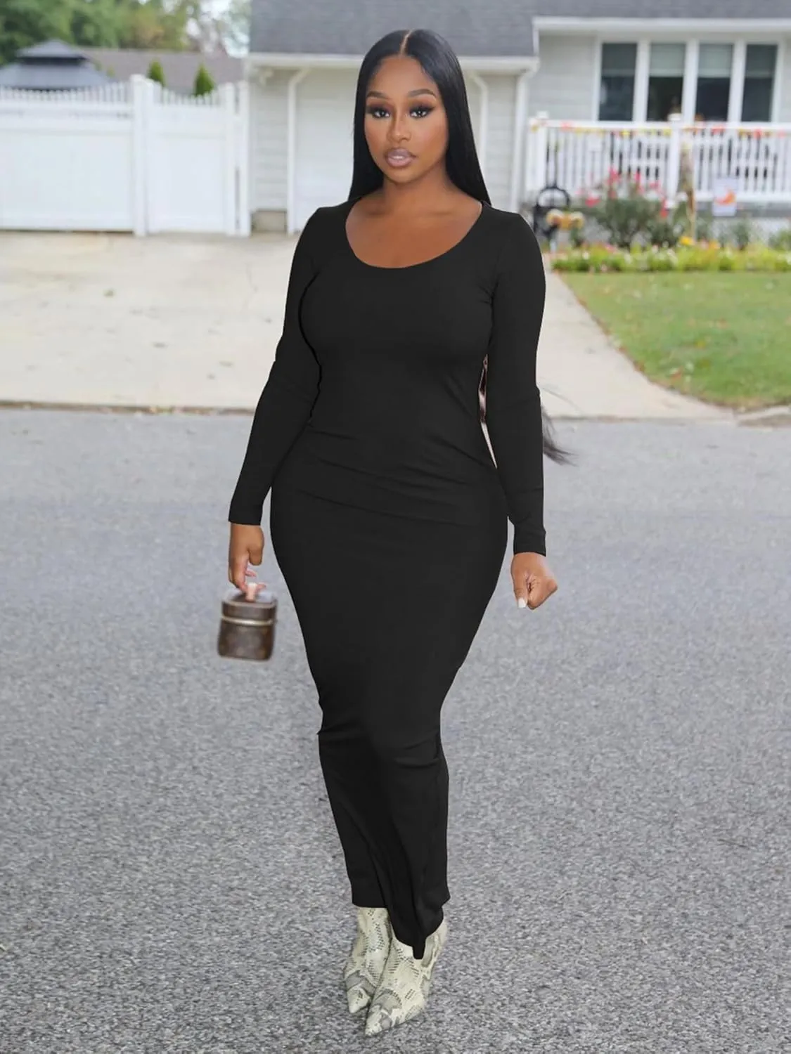 AIBIANOCEL Women's Square Neck Maxi Dress Long Sleeve Ribbed Bodycon Dress Soft Lounge Dress