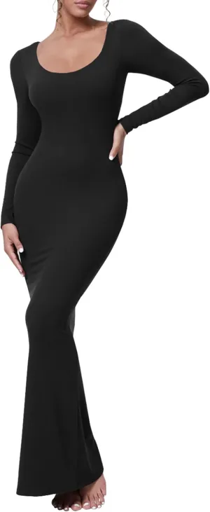 AIBIANOCEL Women's Square Neck Maxi Dress Long Sleeve Ribbed Bodycon Dress Soft Lounge Dress