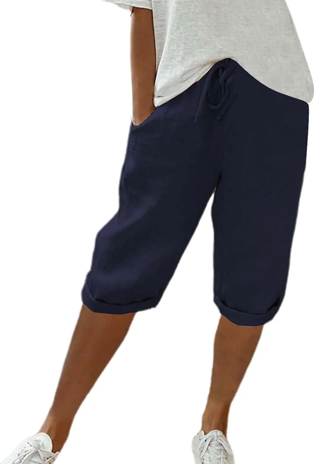 Capri Pants for Women High Waisted Casual Summer Yoga Pants Slacks for Women Linen Drawstring Shorts with Pockets