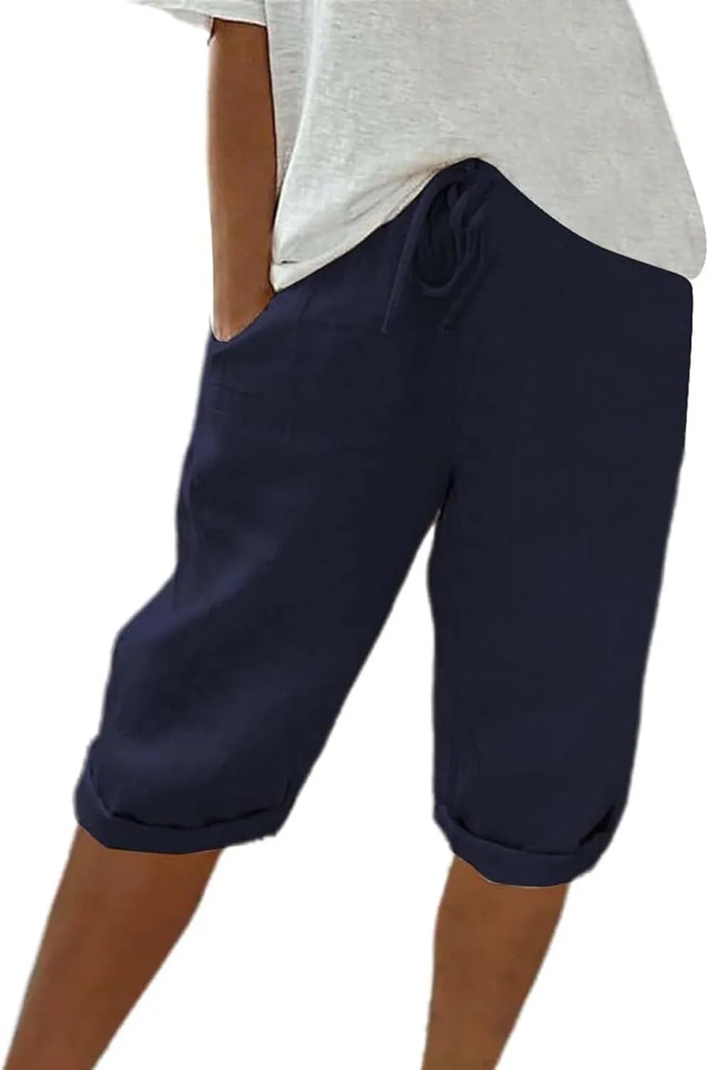 Capri Pants for Women High Waisted Casual Summer Yoga Pants Slacks for Women Linen Drawstring Shorts with Pockets