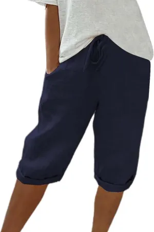 Capri Pants for Women High Waisted Casual Summer Yoga Pants Slacks for Women Linen Drawstring Shorts with Pockets