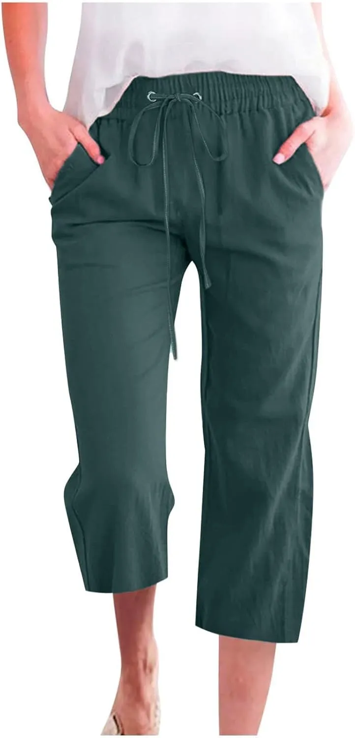 Capri Pants for Women Knee Length Summer High Waisted Straight Leg Linen Pants Loose Fit Casual Vacation Outfits w/Pockets