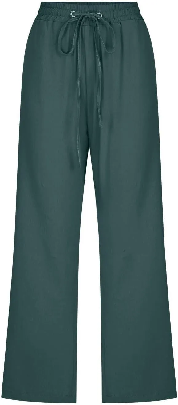 Capri Pants for Women Knee Length Summer High Waisted Straight Leg Linen Pants Loose Fit Casual Vacation Outfits w/Pockets