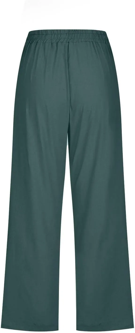 Capri Pants for Women Knee Length Summer High Waisted Straight Leg Linen Pants Loose Fit Casual Vacation Outfits w/Pockets