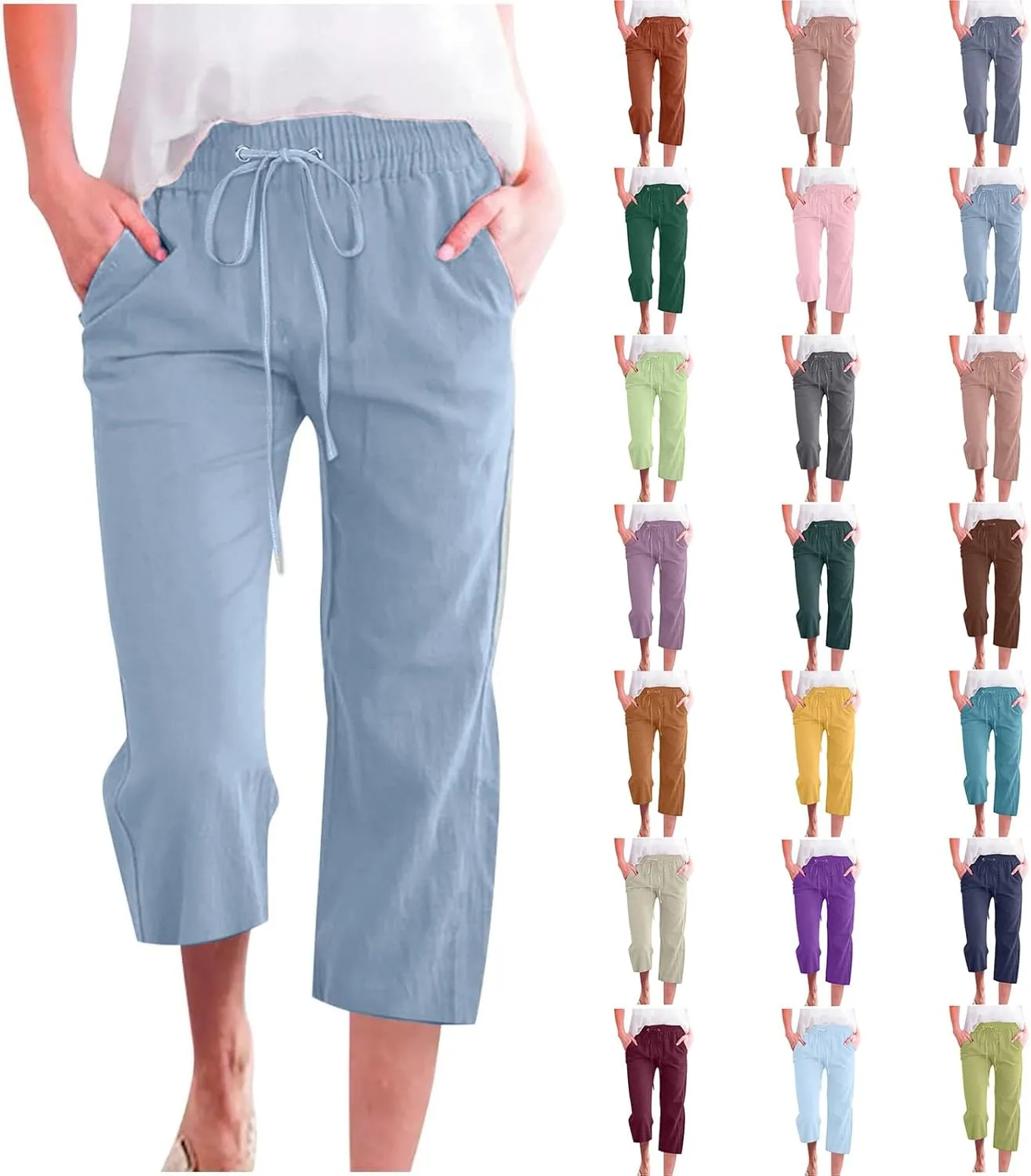 Capri Pants for Women Knee Length Summer High Waisted Straight Leg Linen Pants Loose Fit Casual Vacation Outfits w/Pockets