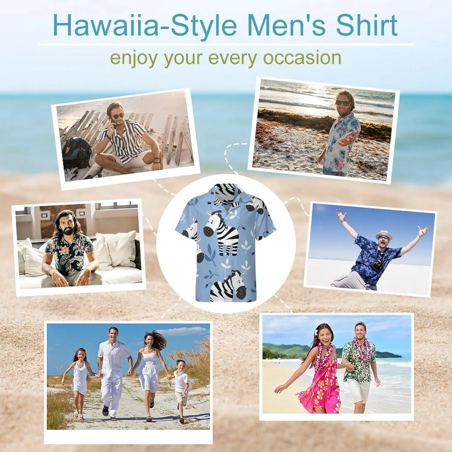Cartoon Zebra Print Men's Hawaiian Shirt Cuban Collar Shirt Short Sleeve Button Down Tops Beach T Shirts