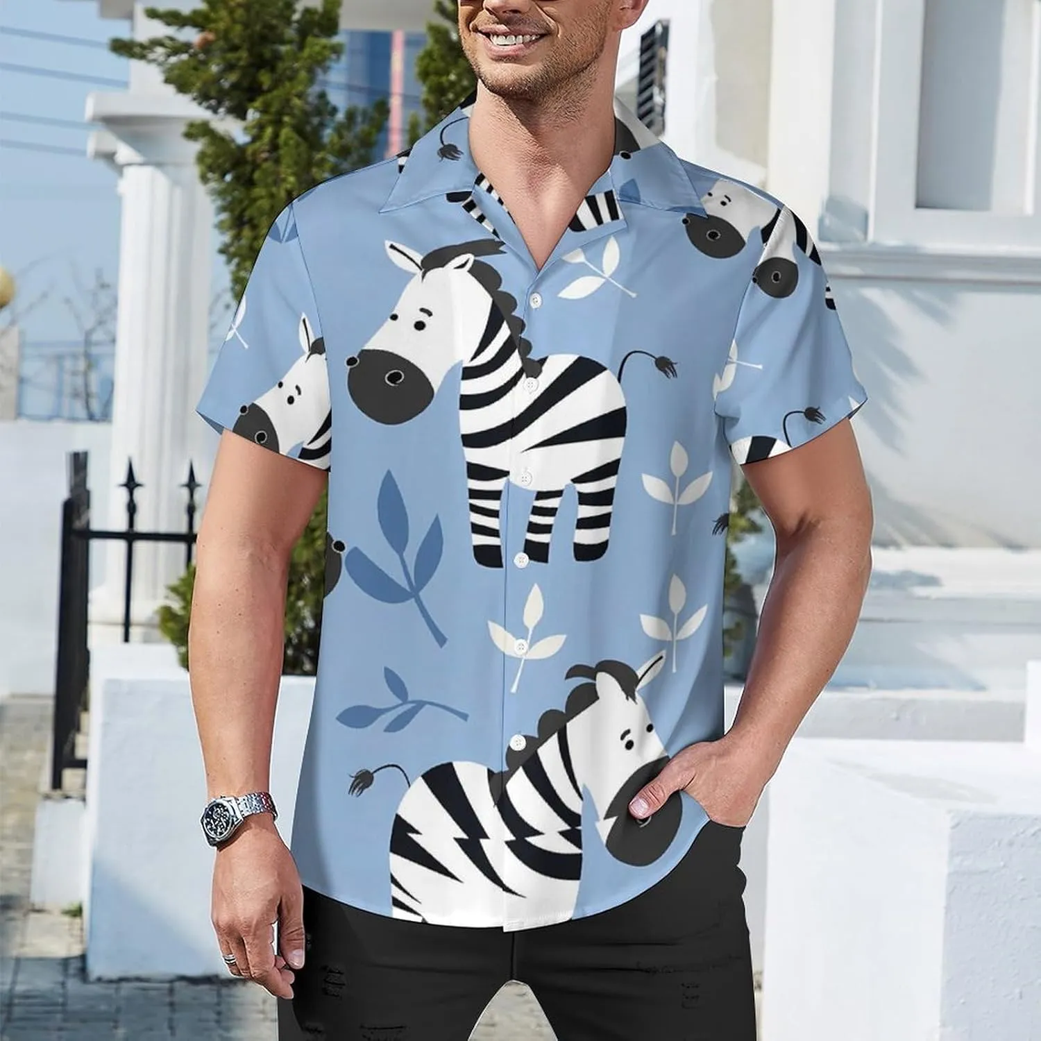 Cartoon Zebra Print Men's Hawaiian Shirt Cuban Collar Shirt Short Sleeve Button Down Tops Beach T Shirts