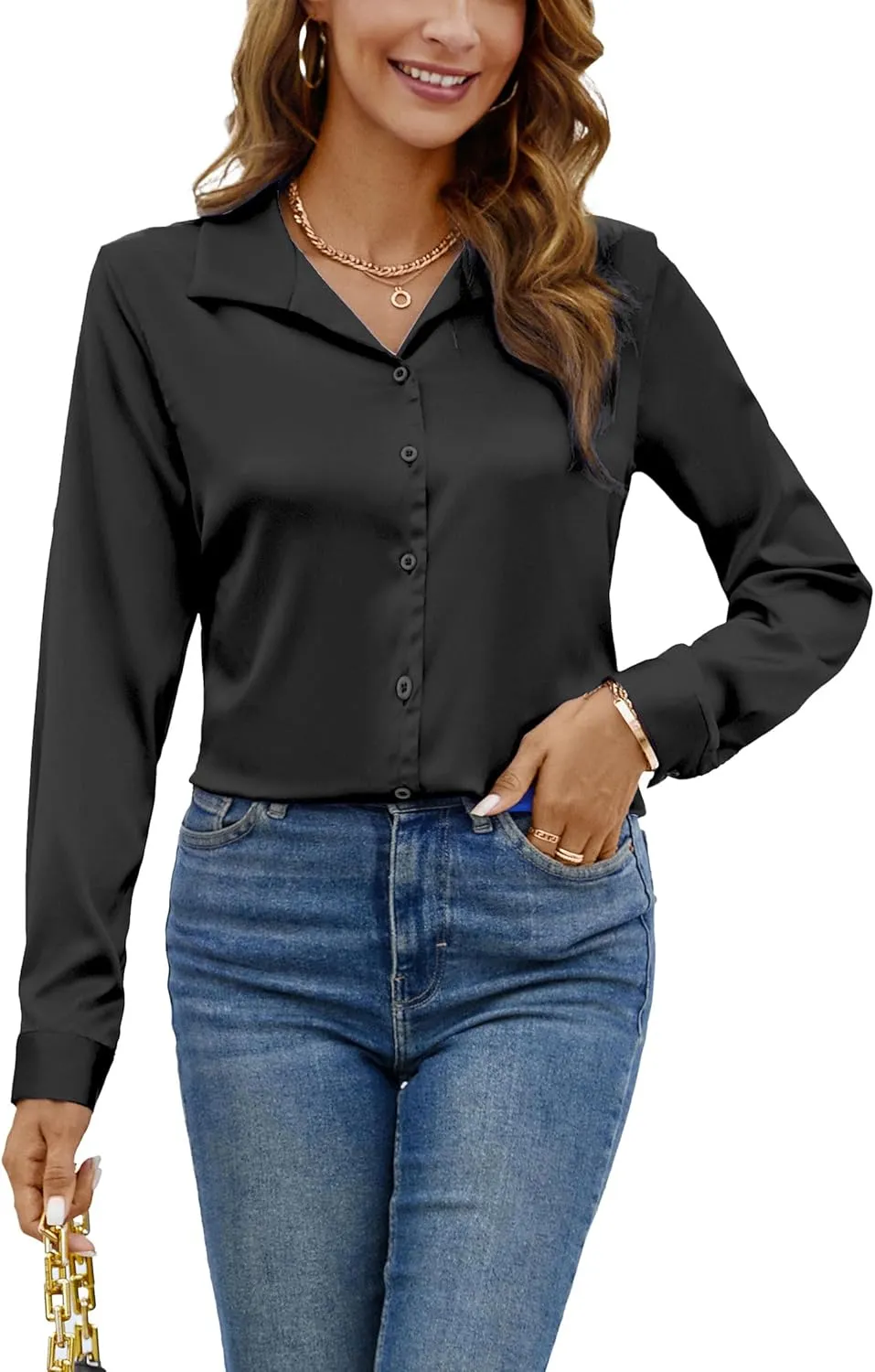 CBOO Women Elegant Satin Blouses Shirts, Soft Silk Shirts Top, Satin Button Down Shirts, Office Long Sleeve Blouse Shirt