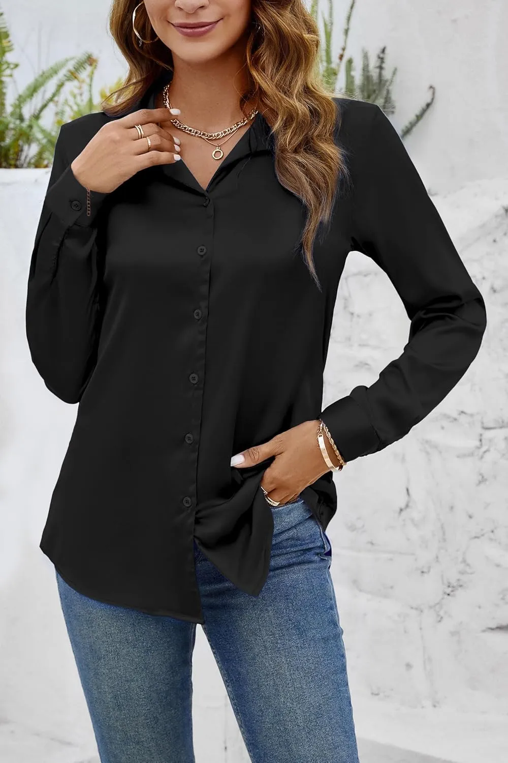 CBOO Women Elegant Satin Blouses Shirts, Soft Silk Shirts Top, Satin Button Down Shirts, Office Long Sleeve Blouse Shirt
