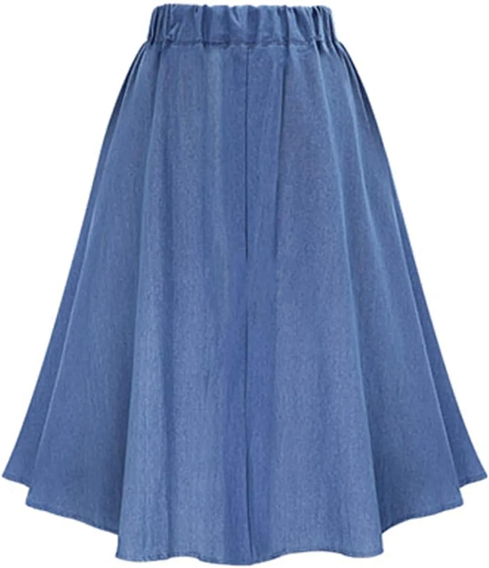 CHARTOU Womens Stretchy High Waist 5-Buttons Front A-Line Flowy Midi Skirts