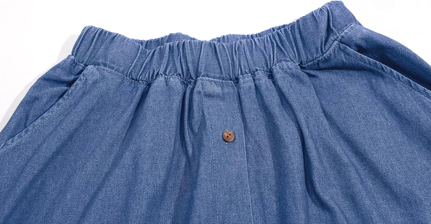 CHARTOU Womens Stretchy High Waist 5-Buttons Front A-Line Flowy Midi Skirts
