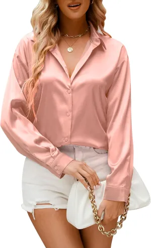 Damipow Satin Silk Button Down Shirts for Women Dress Shirts Long Sleeve Blouses Womens Shirts