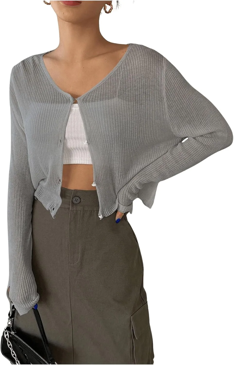 Floerns Women's Ribbed Knit Long Sleeve Button Front V Neck Cardigan Crop Top