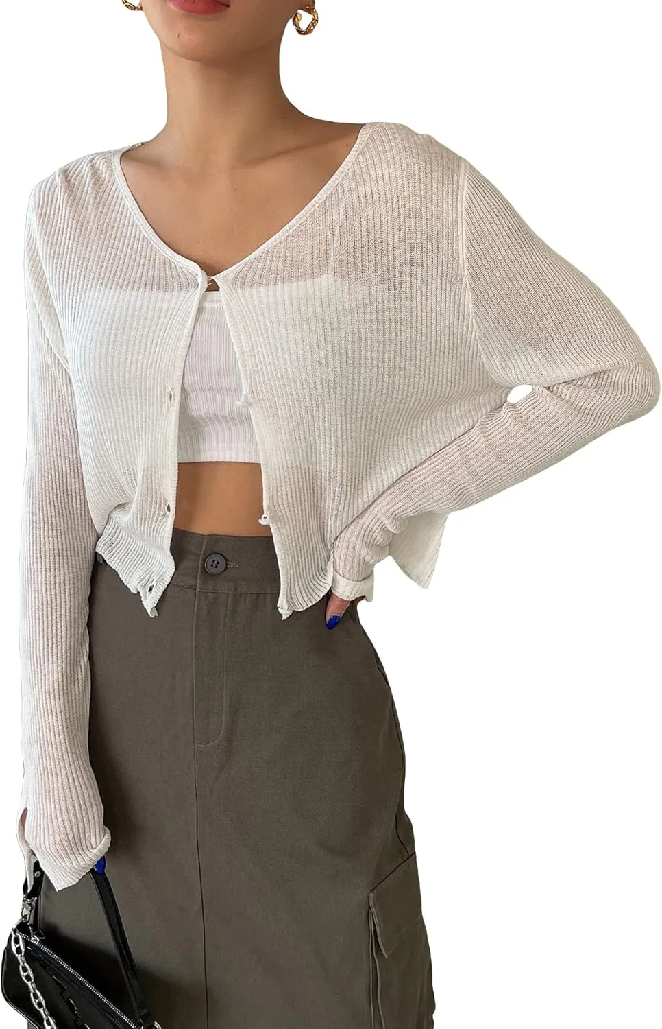 Floerns Women's Ribbed Knit Long Sleeve Button Front V Neck Cardigan Crop Top