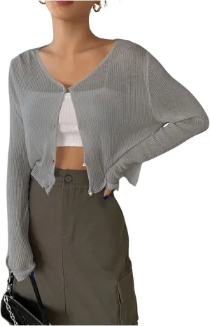 Floerns Women's Ribbed Knit Long Sleeve Button Front V Neck Cardigan Crop Top