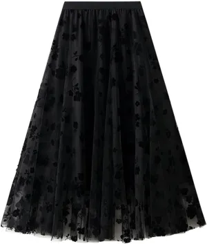 French Style Mesh Splicing Flocking Large Hem Skirt for Women 2024 Waist Slimming A Line Skirt Ruffle