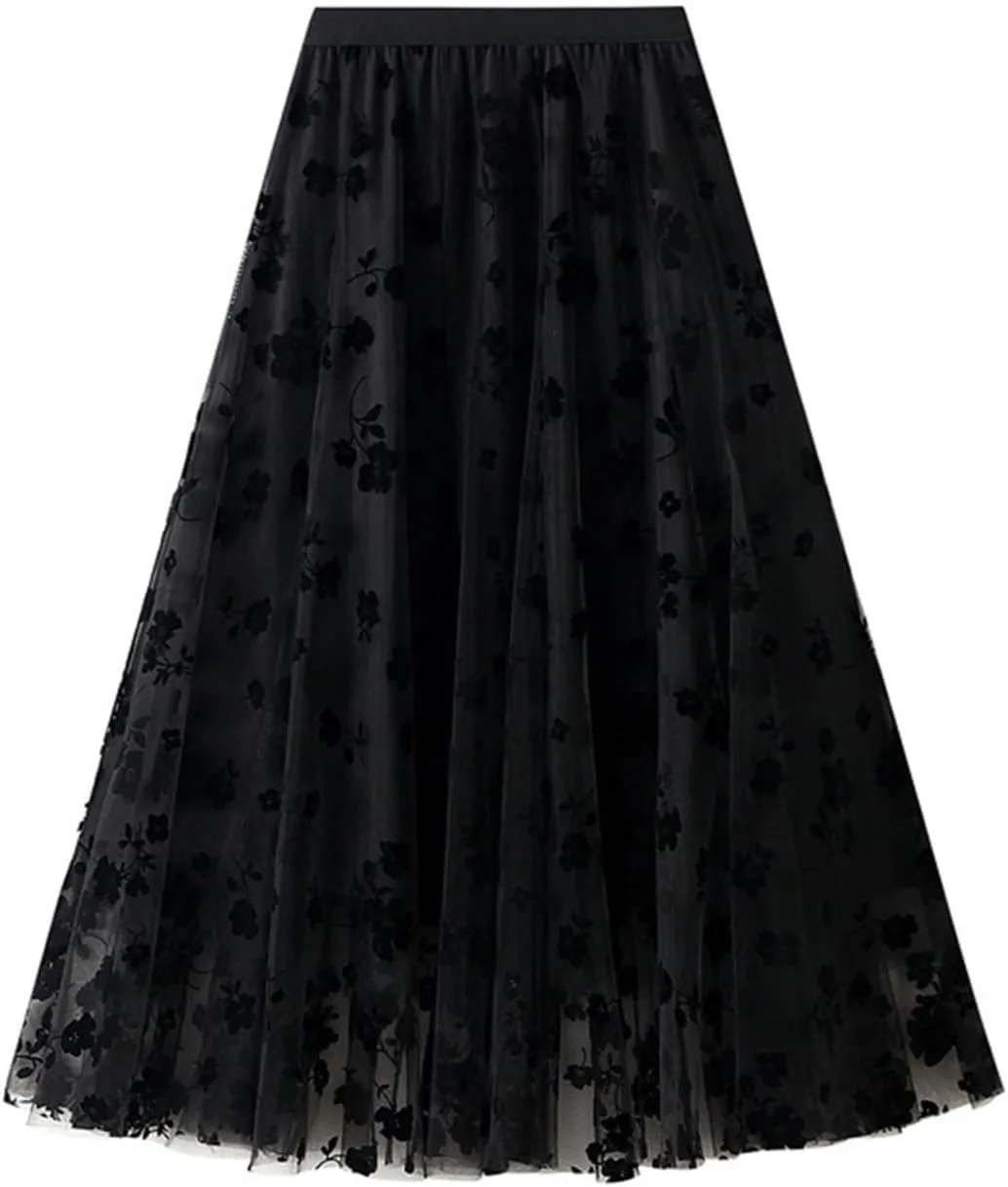 French Style Mesh Splicing Flocking Large Hem Skirt for Women 2024 Waist Slimming A Line Skirt Ruffle
