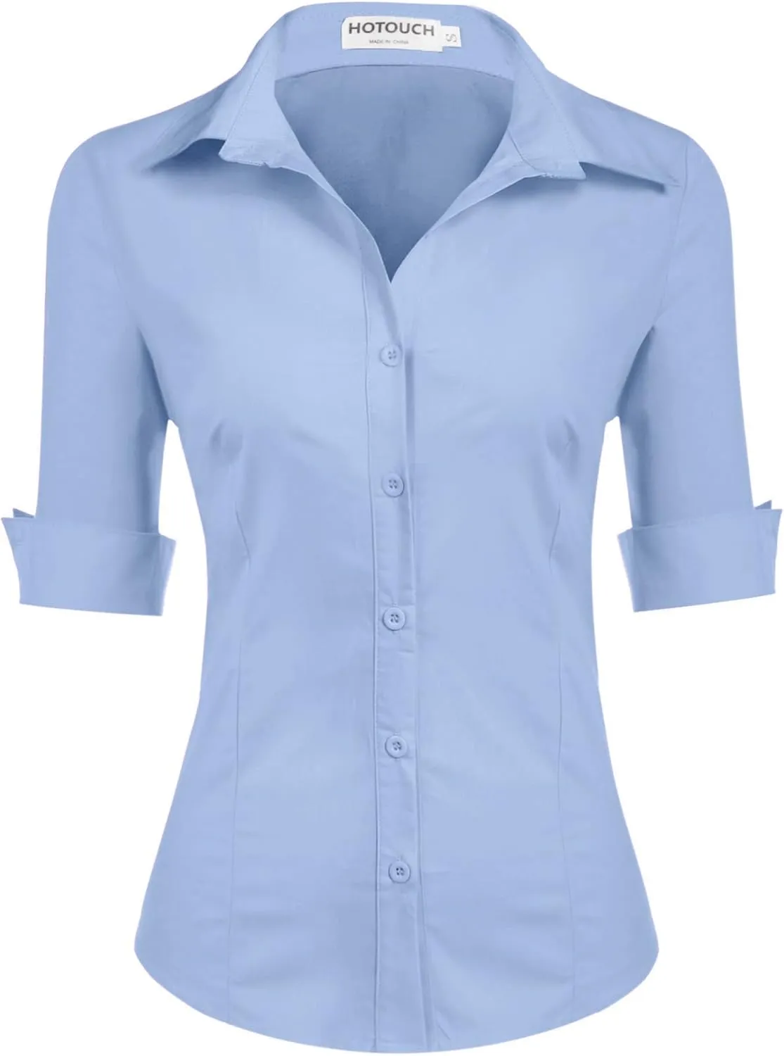 HOTOUCH Womens 3/4 Sleeve Button Down Shirt Slim Fit Work Blouses Cotton Dress Shirts Office Tops