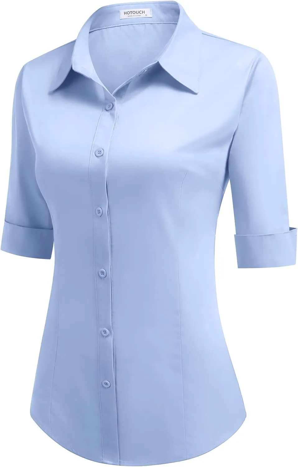 HOTOUCH Womens 3/4 Sleeve Button Down Shirt Slim Fit Work Blouses Cotton Dress Shirts Office Tops