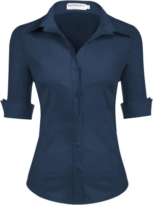 HOTOUCH Womens 3/4 Sleeve Button Down Shirt Slim Fit Work Blouses Cotton Dress Shirts Office Tops