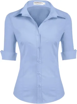 HOTOUCH Womens 3/4 Sleeve Button Down Shirt Slim Fit Work Blouses Cotton Dress Shirts Office Tops