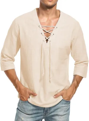 LecGee Men's Casual Cotton Linen Shirt Short Sleeve V Neck Lace Up Hippie Beach Tee Shirts Yoga Summer Top