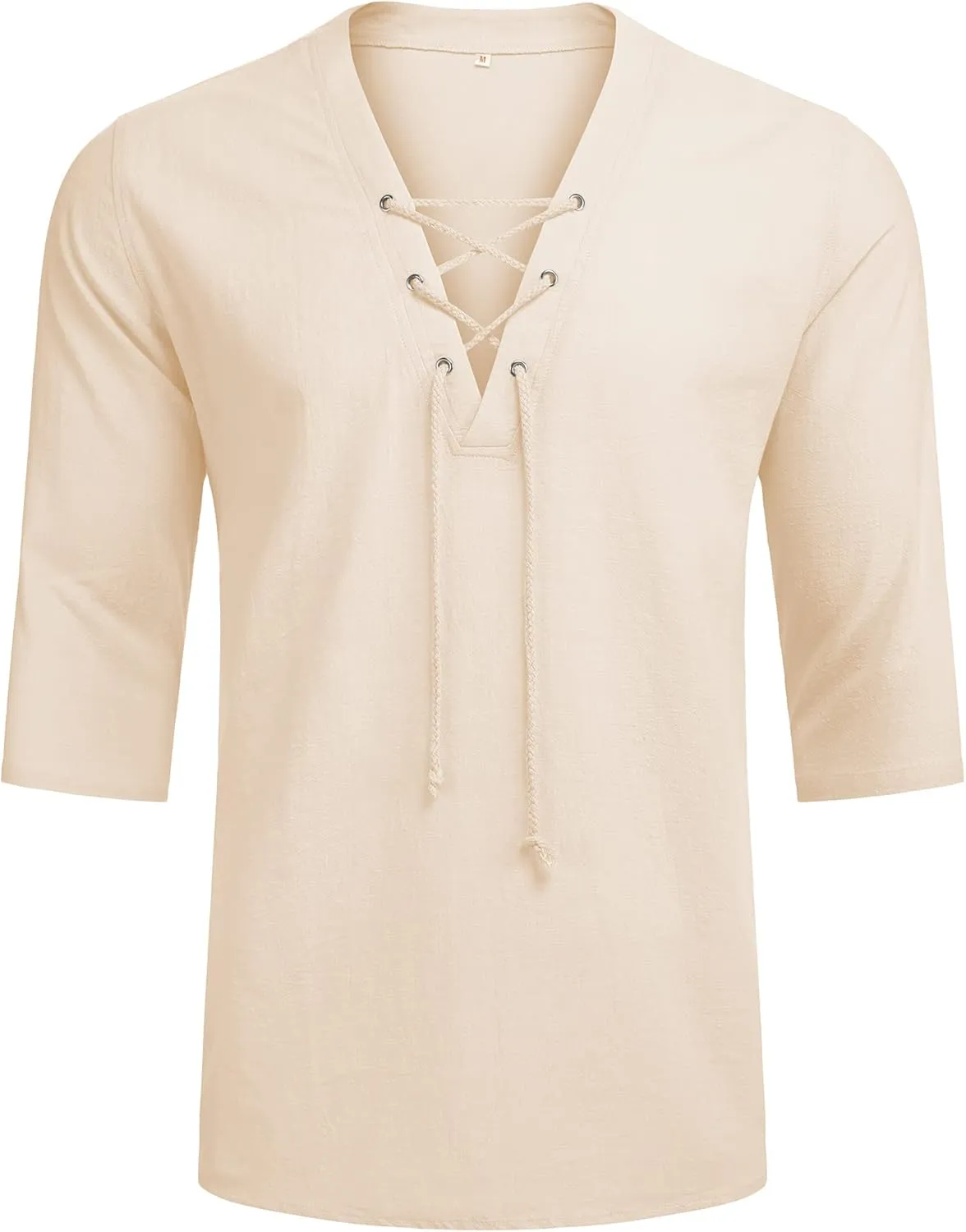 LecGee Men's Casual Cotton Linen Shirt Short Sleeve V Neck Lace Up Hippie Beach Tee Shirts Yoga Summer Top