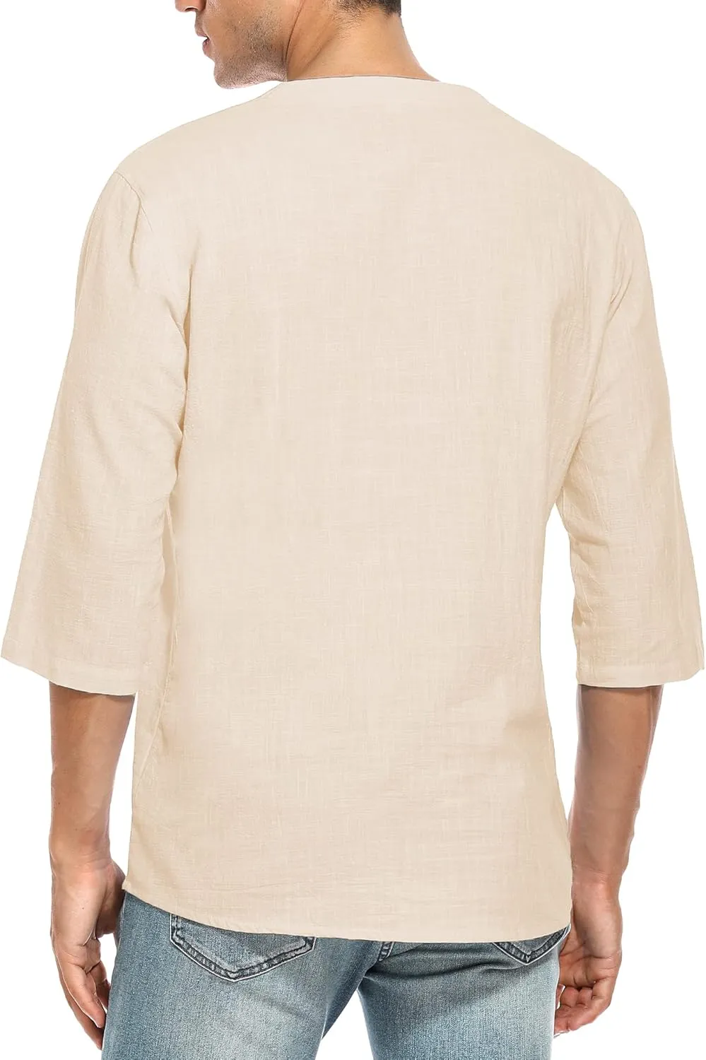 LecGee Men's Casual Cotton Linen Shirt Short Sleeve V Neck Lace Up Hippie Beach Tee Shirts Yoga Summer Top