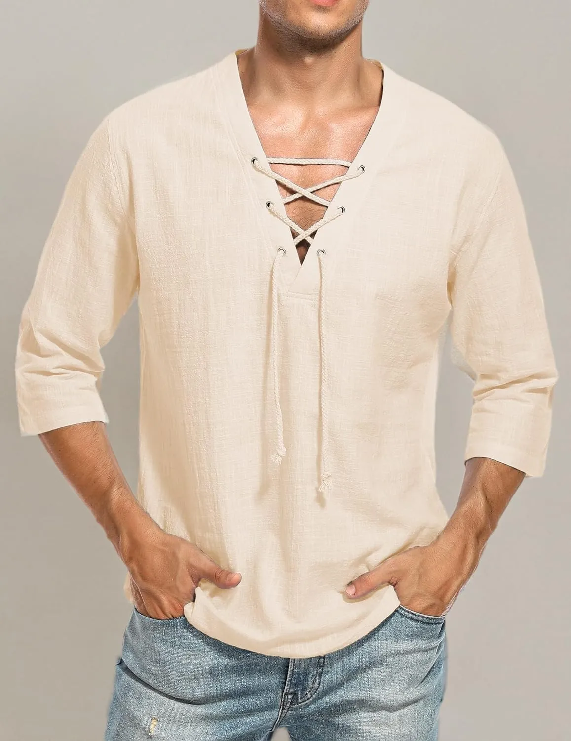 LecGee Men's Casual Cotton Linen Shirt Short Sleeve V Neck Lace Up Hippie Beach Tee Shirts Yoga Summer Top