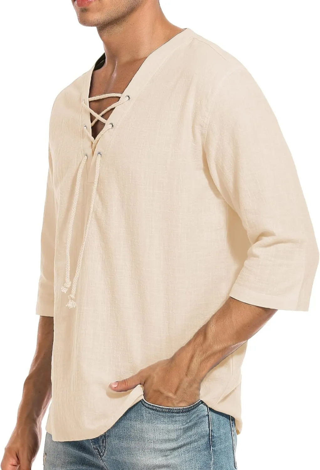LecGee Men's Casual Cotton Linen Shirt Short Sleeve V Neck Lace Up Hippie Beach Tee Shirts Yoga Summer Top