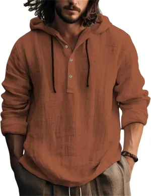 Linen Shirts for Men Lightweight Button Up Long Sleeve Shirts with Hood Loose Fit Breathable Boho Beach Linen Hoodie