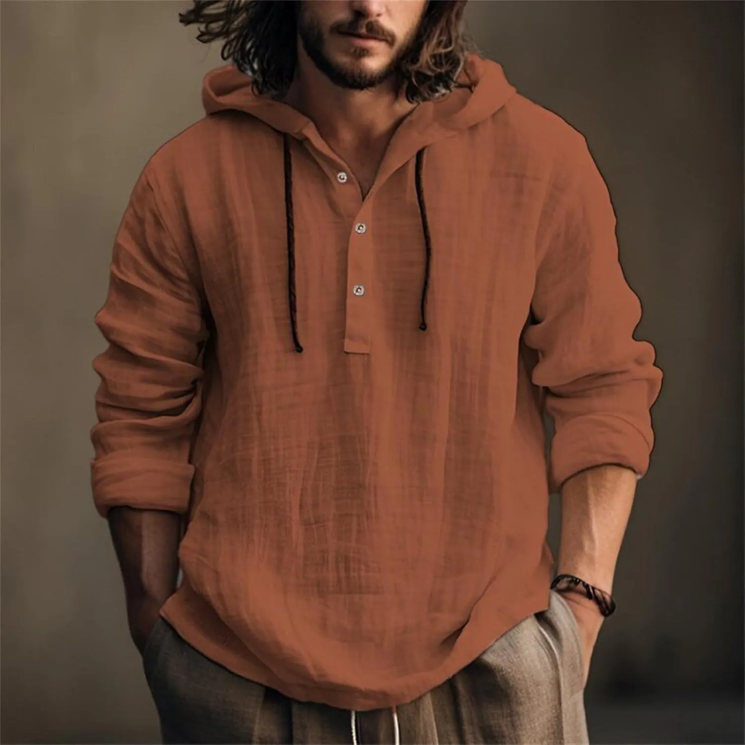 Linen Shirts for Men Lightweight Button Up Long Sleeve Shirts with Hood Loose Fit Breathable Boho Beach Linen Hoodie