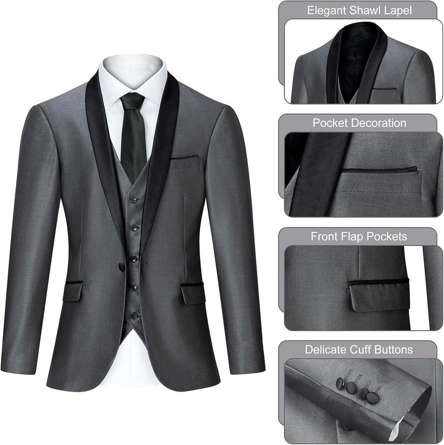 Men's Suit 3 Piece Slim Fit Suit, One Button Fine Glitter Shawl Lapel Blazer Jacket Vest Pants for Party & Wedding