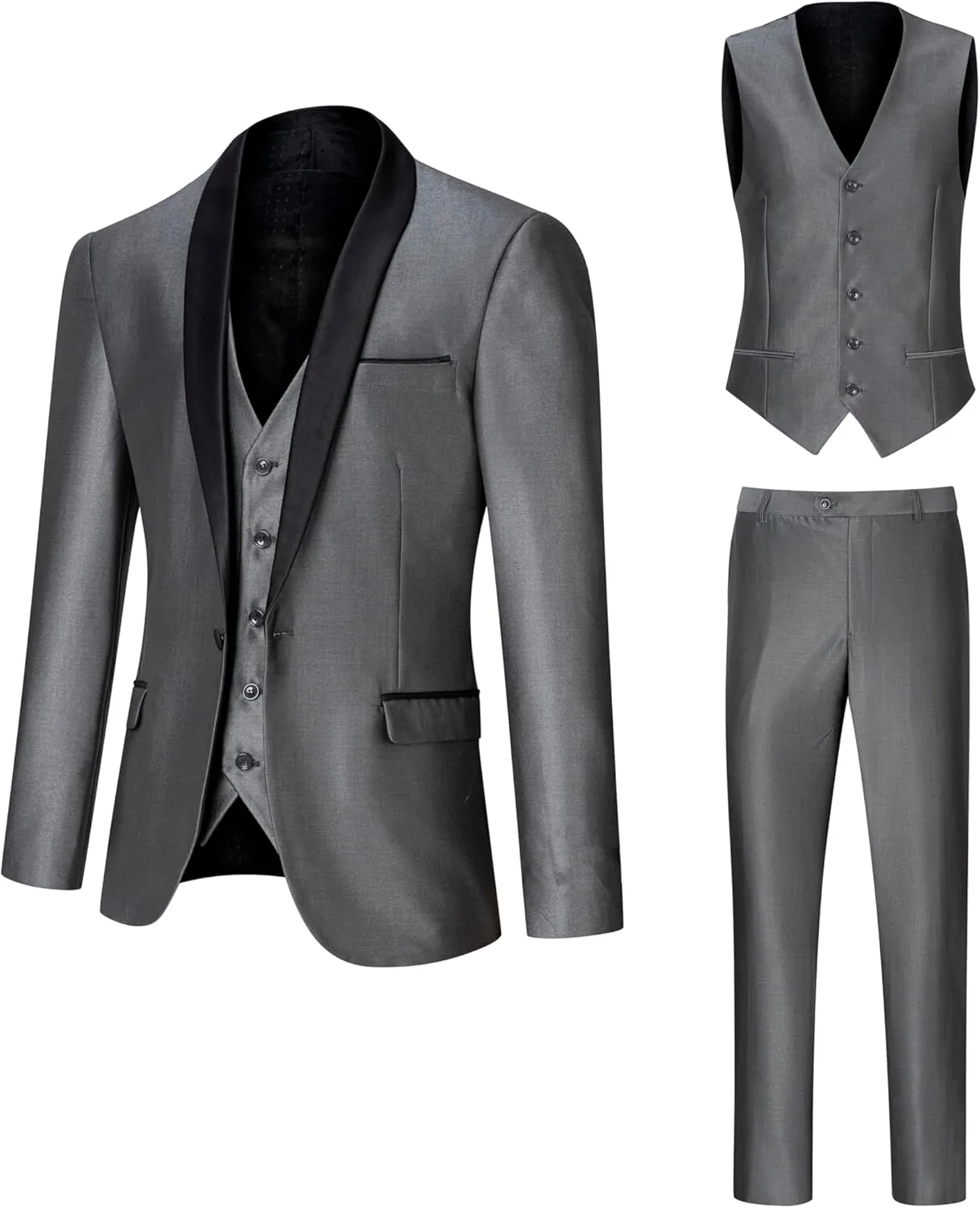 Men's Suit 3 Piece Slim Fit Suit, One Button Fine Glitter Shawl Lapel Blazer Jacket Vest Pants for Party & Wedding