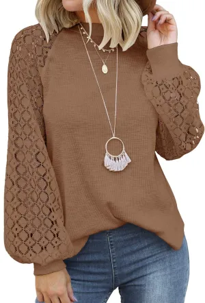 MIHOLL Womens Long Sleeve Tops Lace Casual Loose Blouses T Shirts
