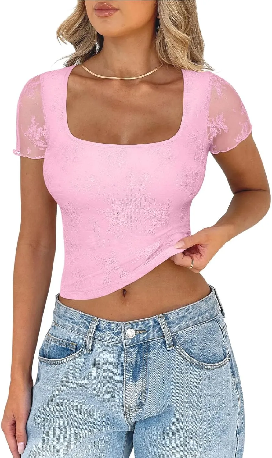 PINKMSTYLE Cute Lace Square Neck Tops for Women Trendy Double Lined Fitted Short Sleeve T Shirts Going Out Y2K Summer Outfits