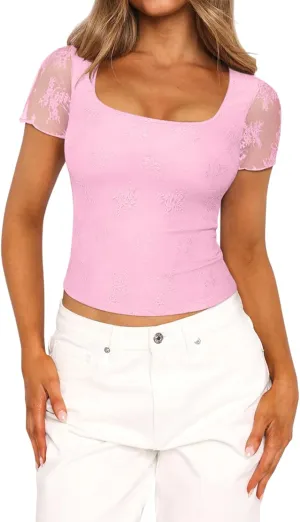 PINKMSTYLE Cute Lace Square Neck Tops for Women Trendy Double Lined Fitted Short Sleeve T Shirts Going Out Y2K Summer Outfits