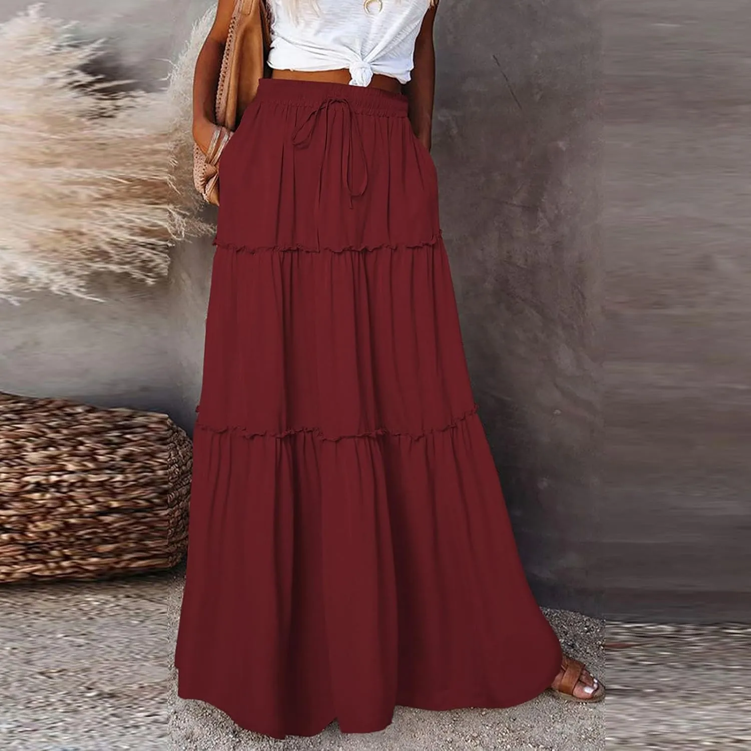 Pleated Maxi Skirts for Women Trendy Tiered Flowy Skirt Drawstring High Waisted Long Skirt A Line Ruffle Skirt
