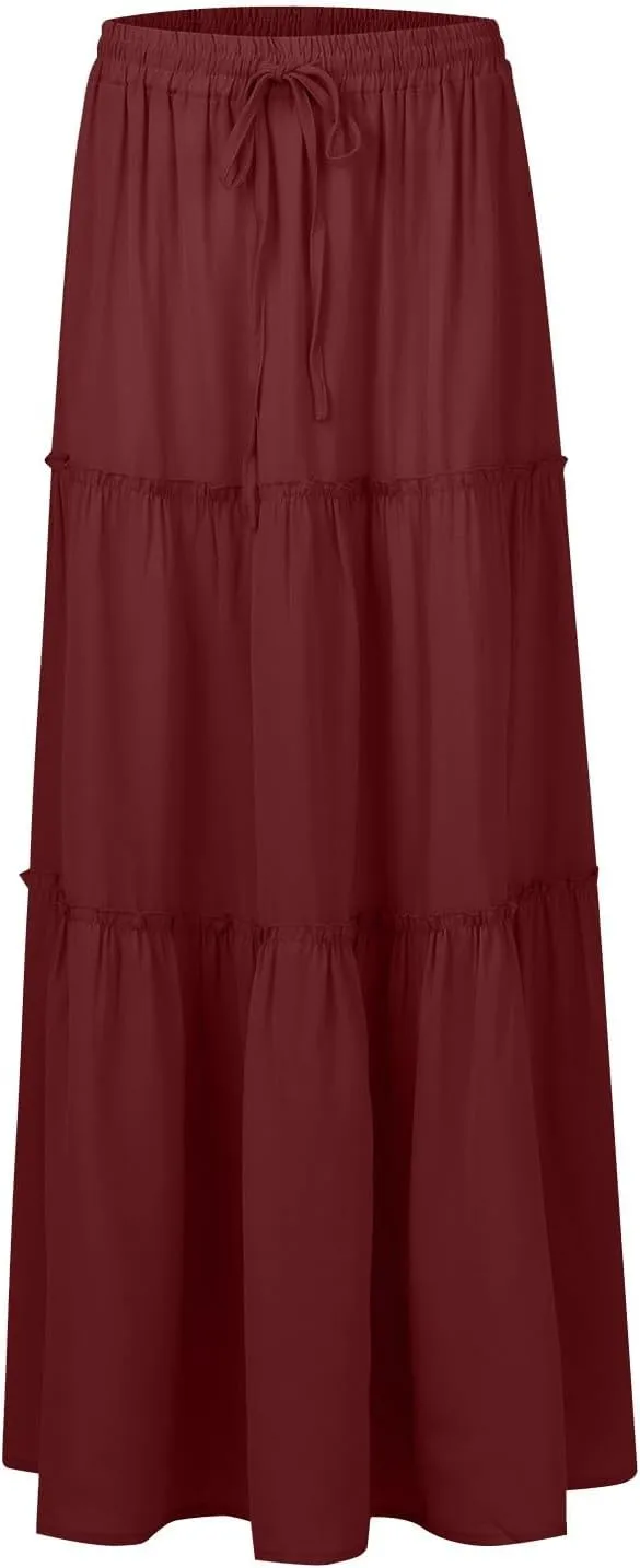 Pleated Maxi Skirts for Women Trendy Tiered Flowy Skirt Drawstring High Waisted Long Skirt A Line Ruffle Skirt