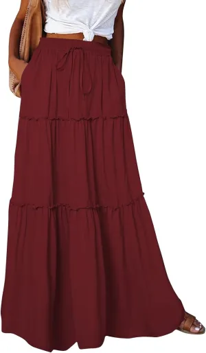 Pleated Maxi Skirts for Women Trendy Tiered Flowy Skirt Drawstring High Waisted Long Skirt A Line Ruffle Skirt
