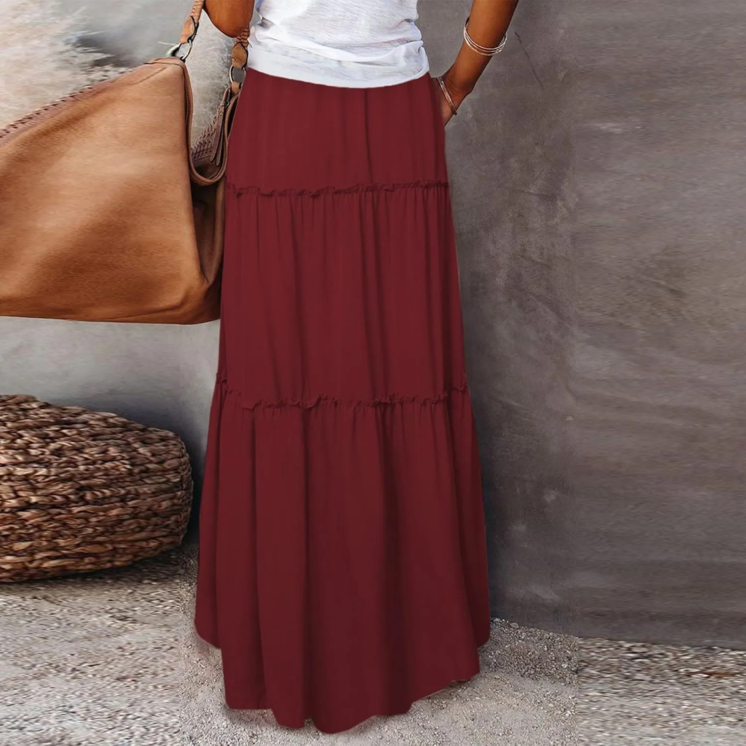 Pleated Maxi Skirts for Women Trendy Tiered Flowy Skirt Drawstring High Waisted Long Skirt A Line Ruffle Skirt