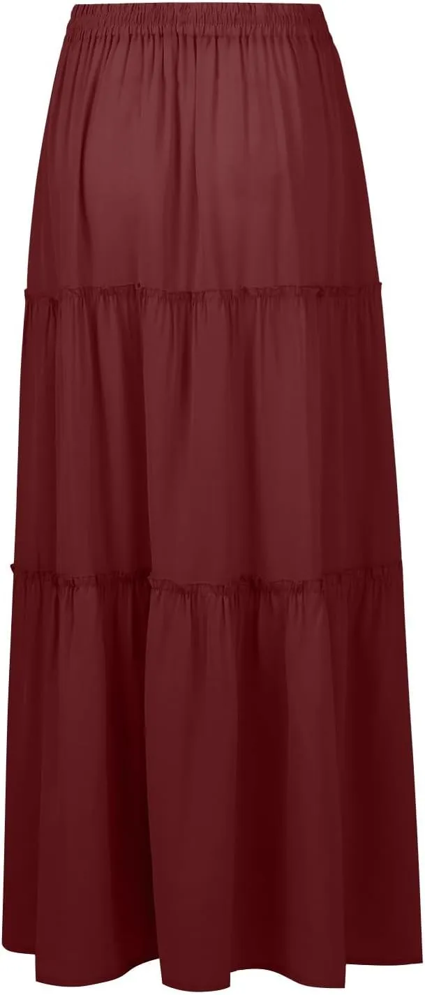 Pleated Maxi Skirts for Women Trendy Tiered Flowy Skirt Drawstring High Waisted Long Skirt A Line Ruffle Skirt