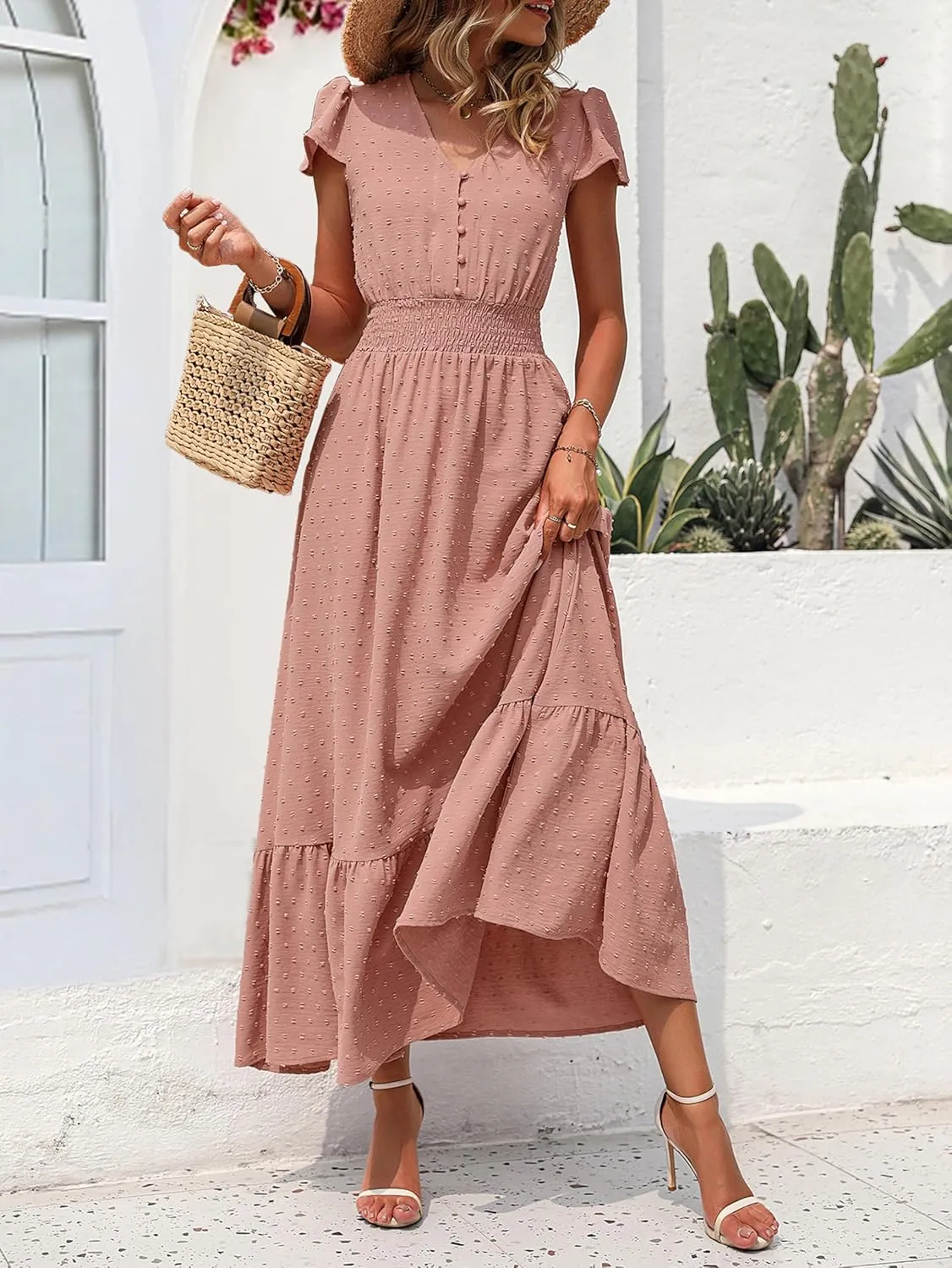 PRETTYGARDEN Womens Dresses 2025 Summer Maxi Dress Boho Short Sleeve V Neck Swiss Dot Ruffle Tiered Smocked Flowy Long Dress