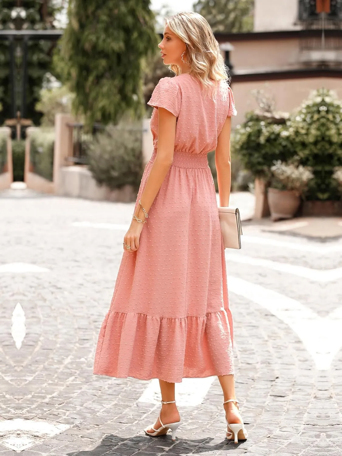 PRETTYGARDEN Womens Dresses 2025 Summer Maxi Dress Boho Short Sleeve V Neck Swiss Dot Ruffle Tiered Smocked Flowy Long Dress